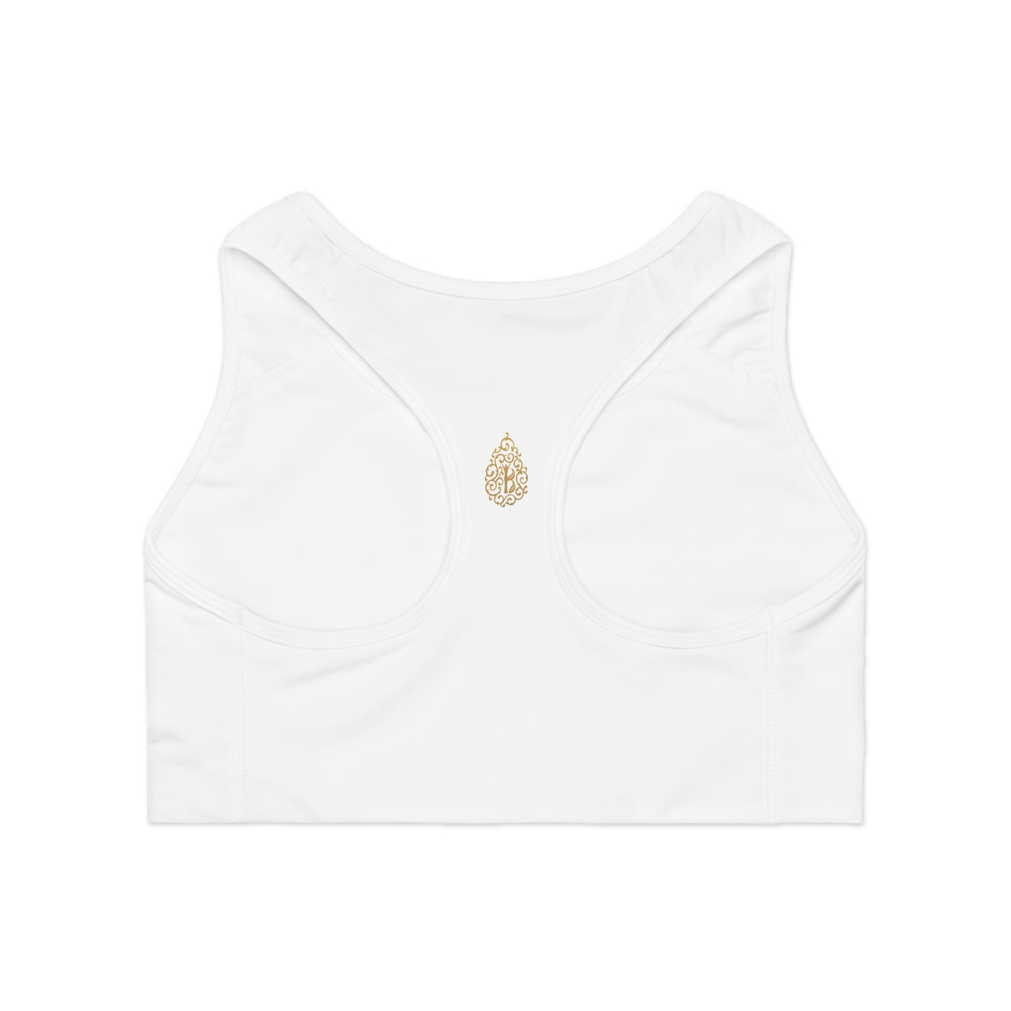 Gold Logo Sports Bra, White/Black Stitch