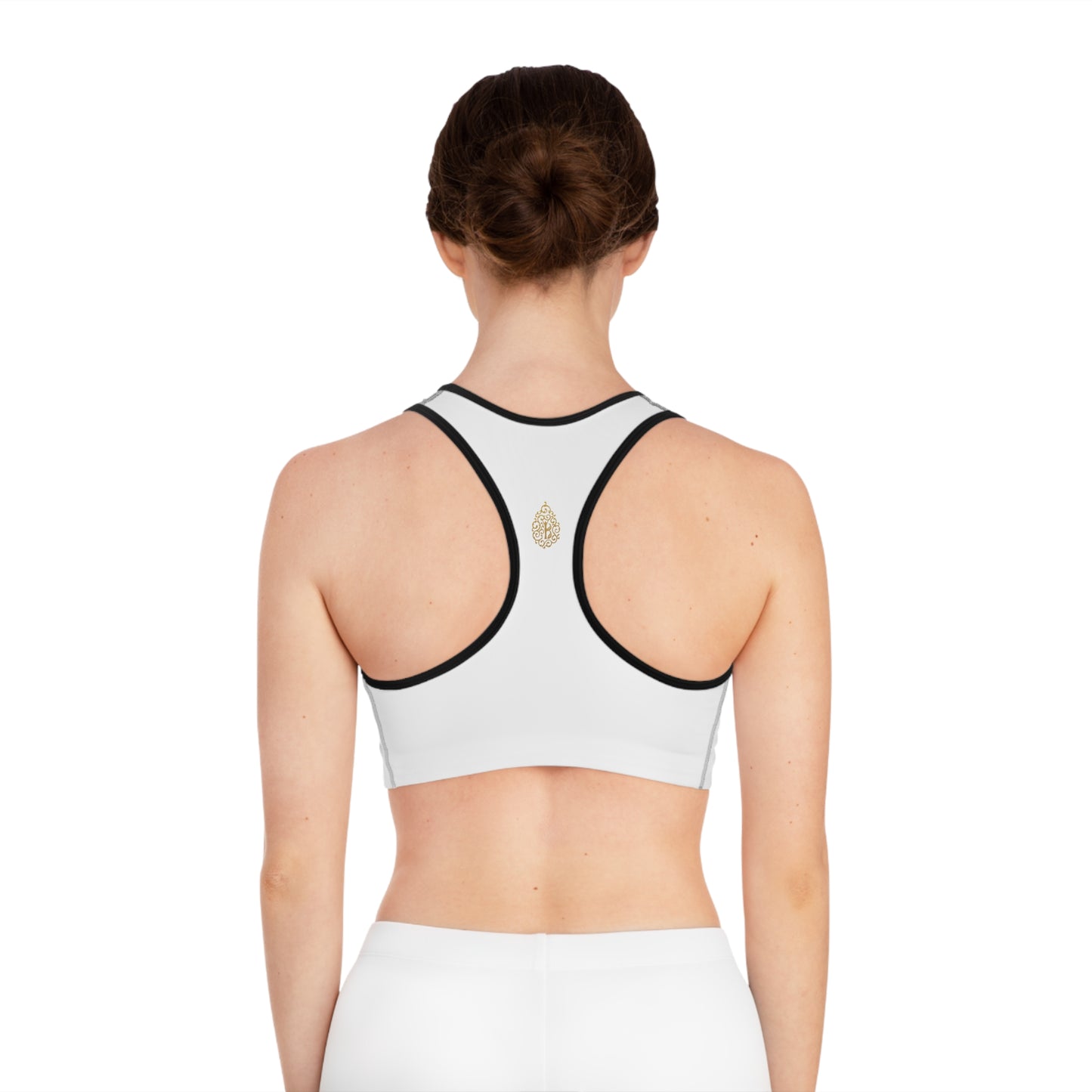 Gold Logo Sports Bra, White/Black Stitch