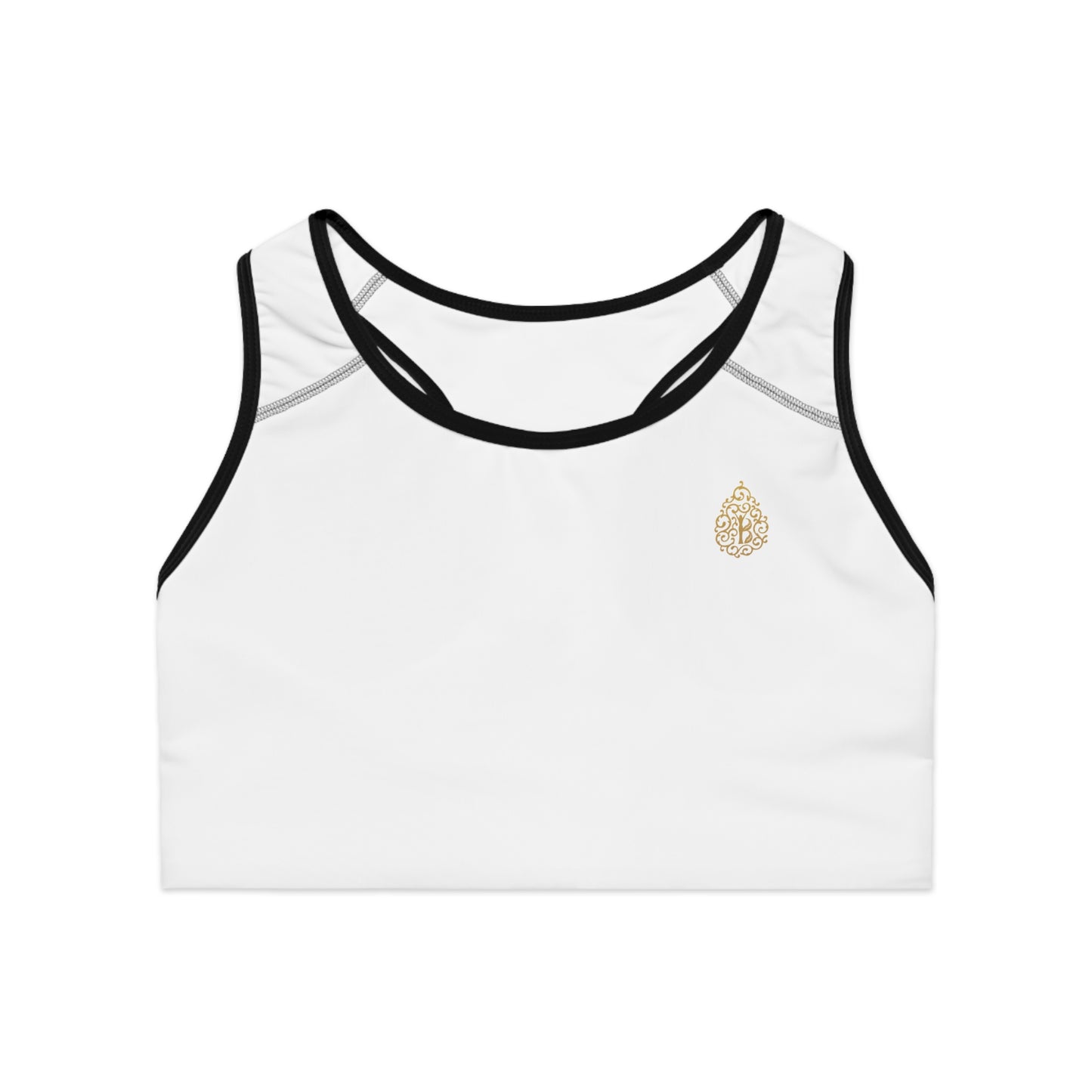 Gold Logo Sports Bra, White/Black Stitch