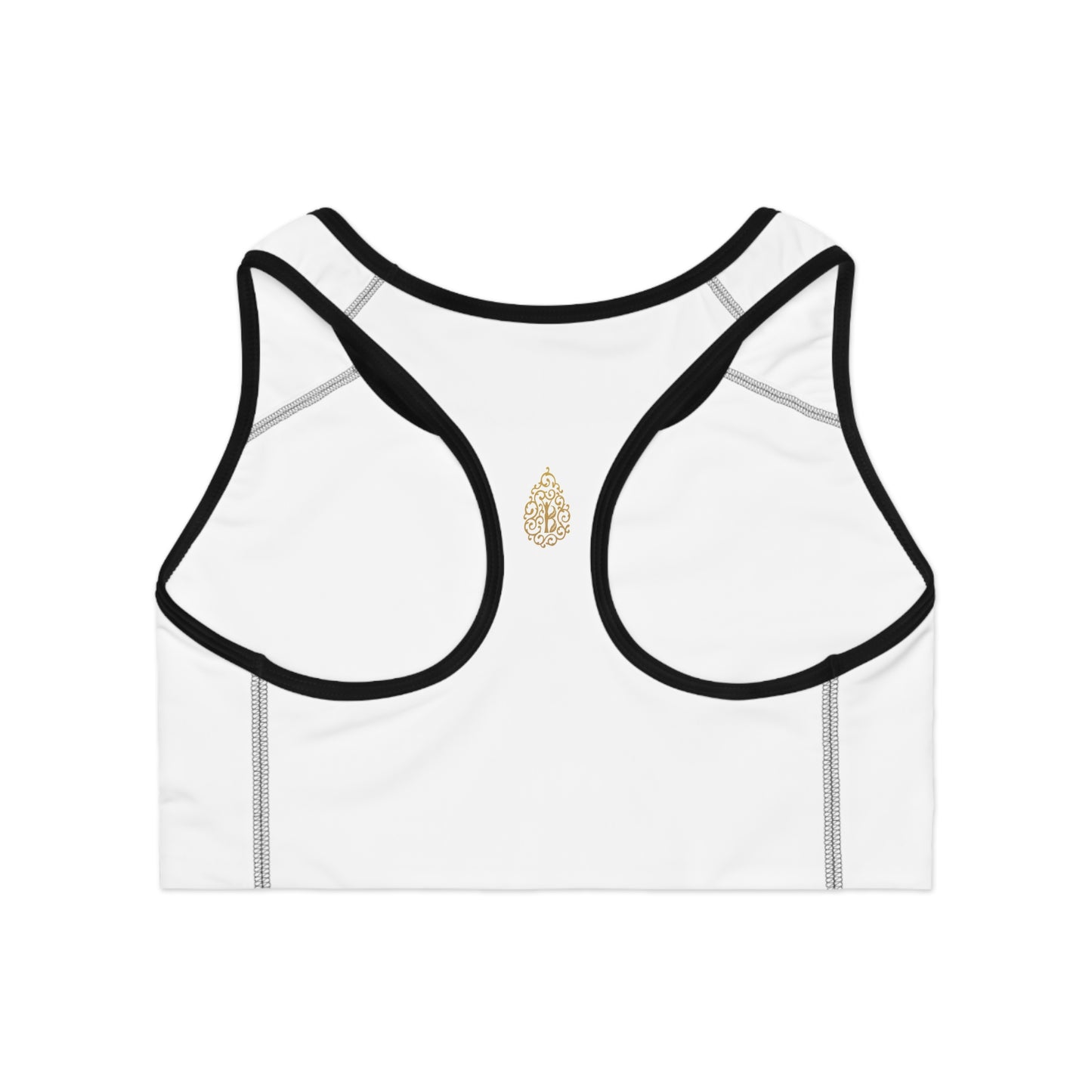 Gold Logo Sports Bra, White/Black Stitch