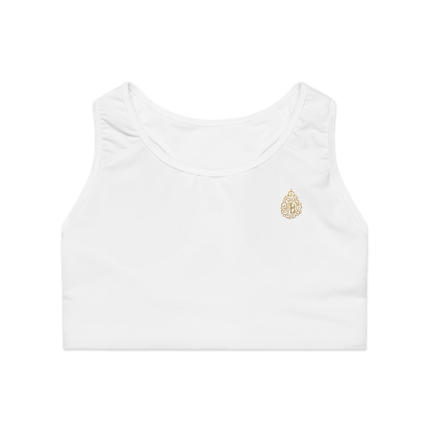 Gold Logo Sports Bra, White/Black Stitch