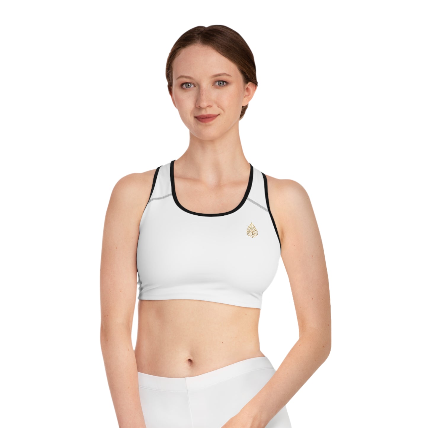 Gold Logo Sports Bra, White/Black Stitch