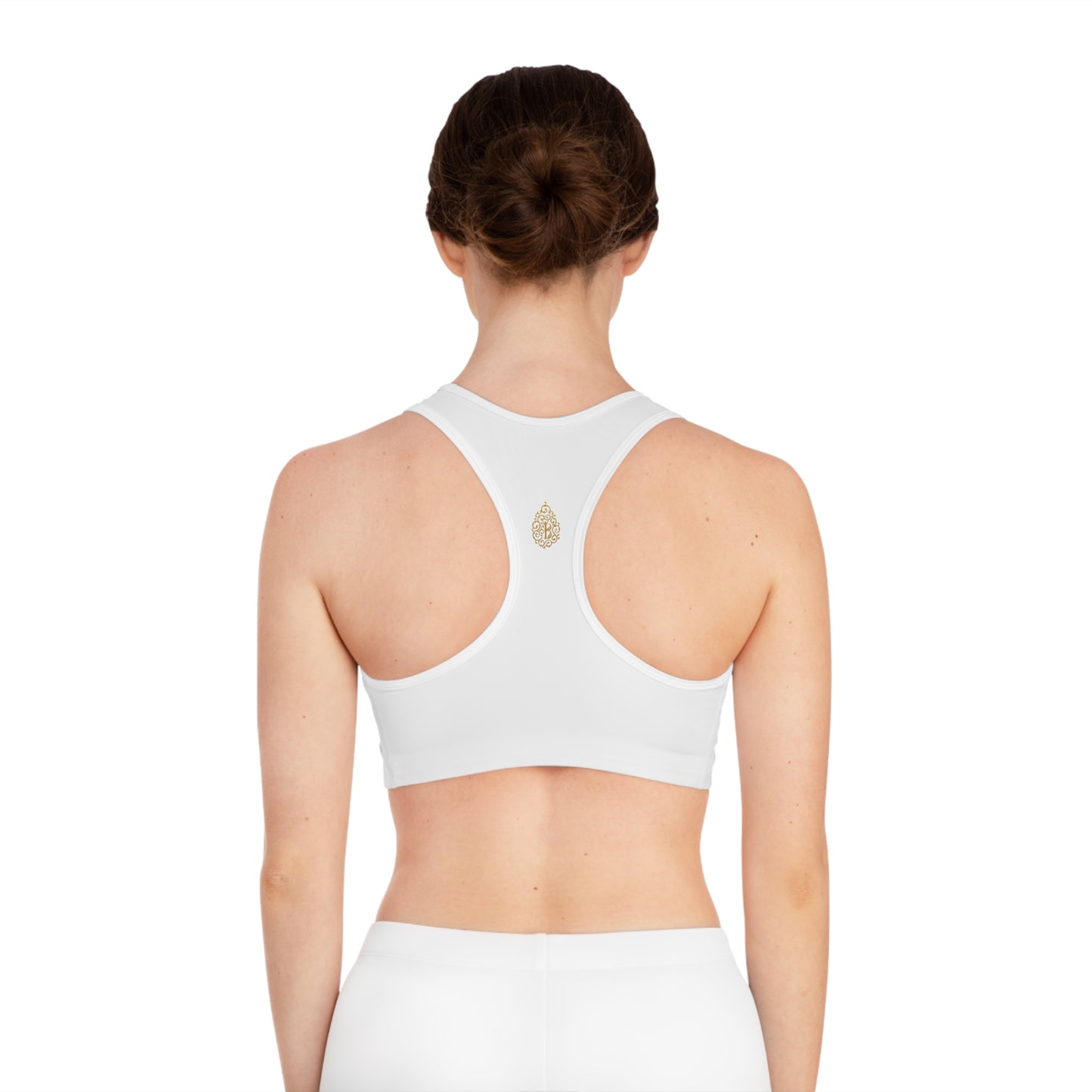 Gold Logo Sports Bra, White/Black Stitch