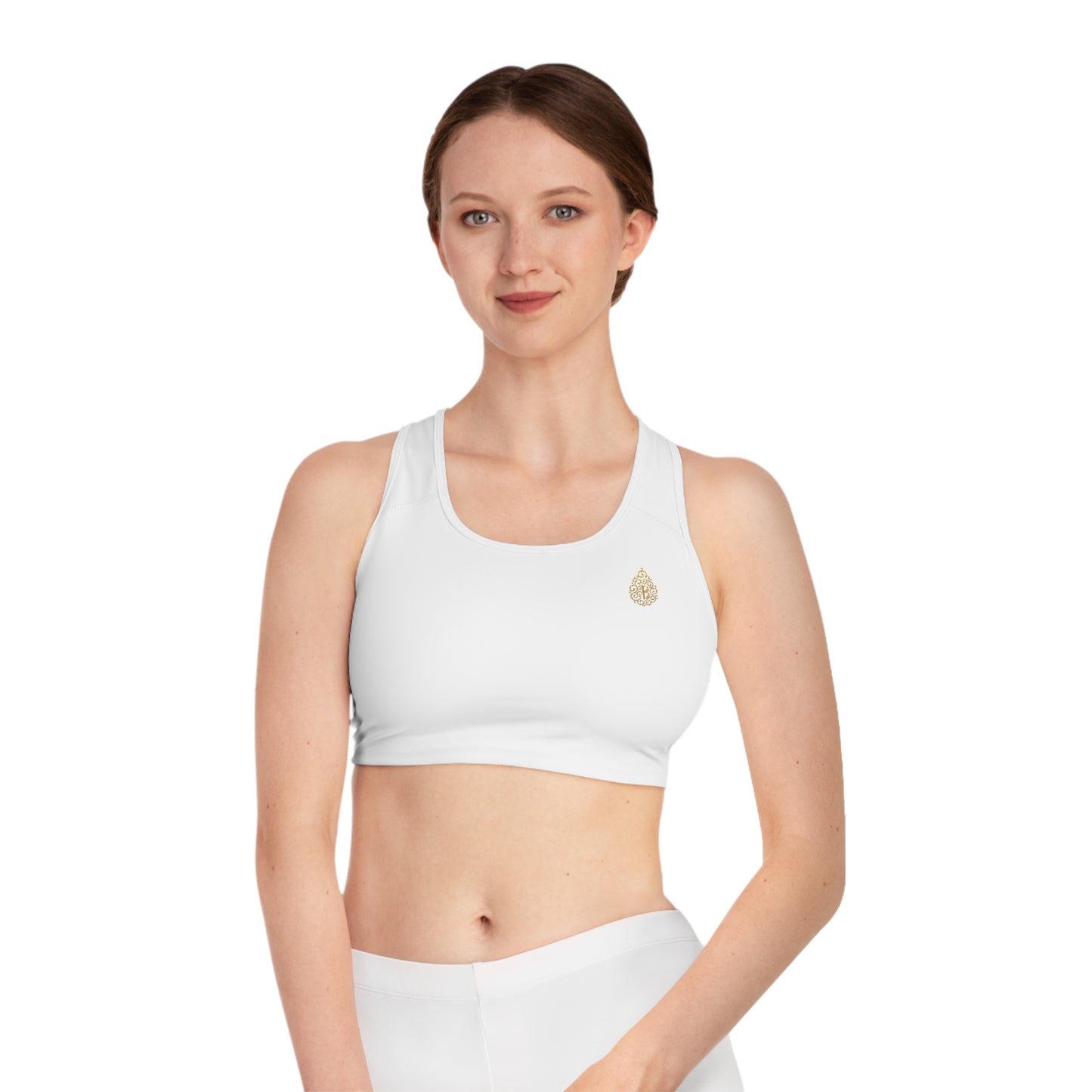 Gold Logo Sports Bra, White/Black Stitch